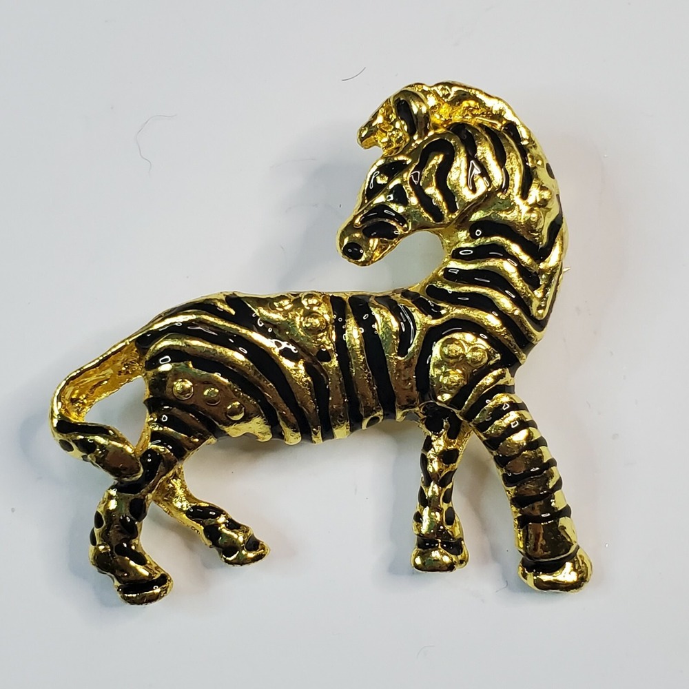 Vintage Gold Tone Metal with Black Enamel Stripes Sassy Zebra Brooch Pin